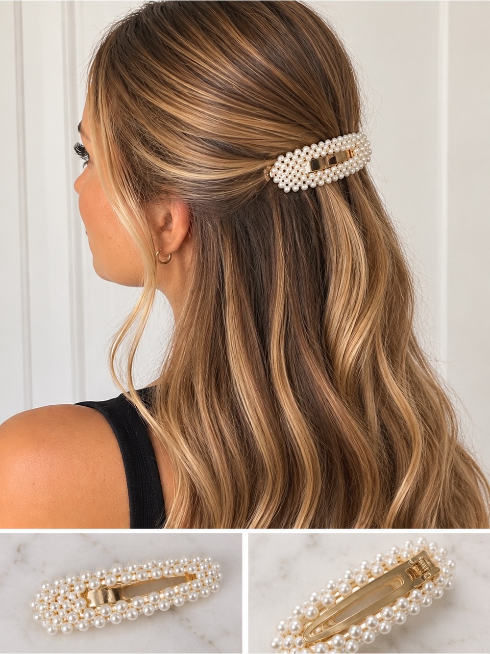 Faux Pearl Hair Barrette Gold Tone Statement Hair Clip